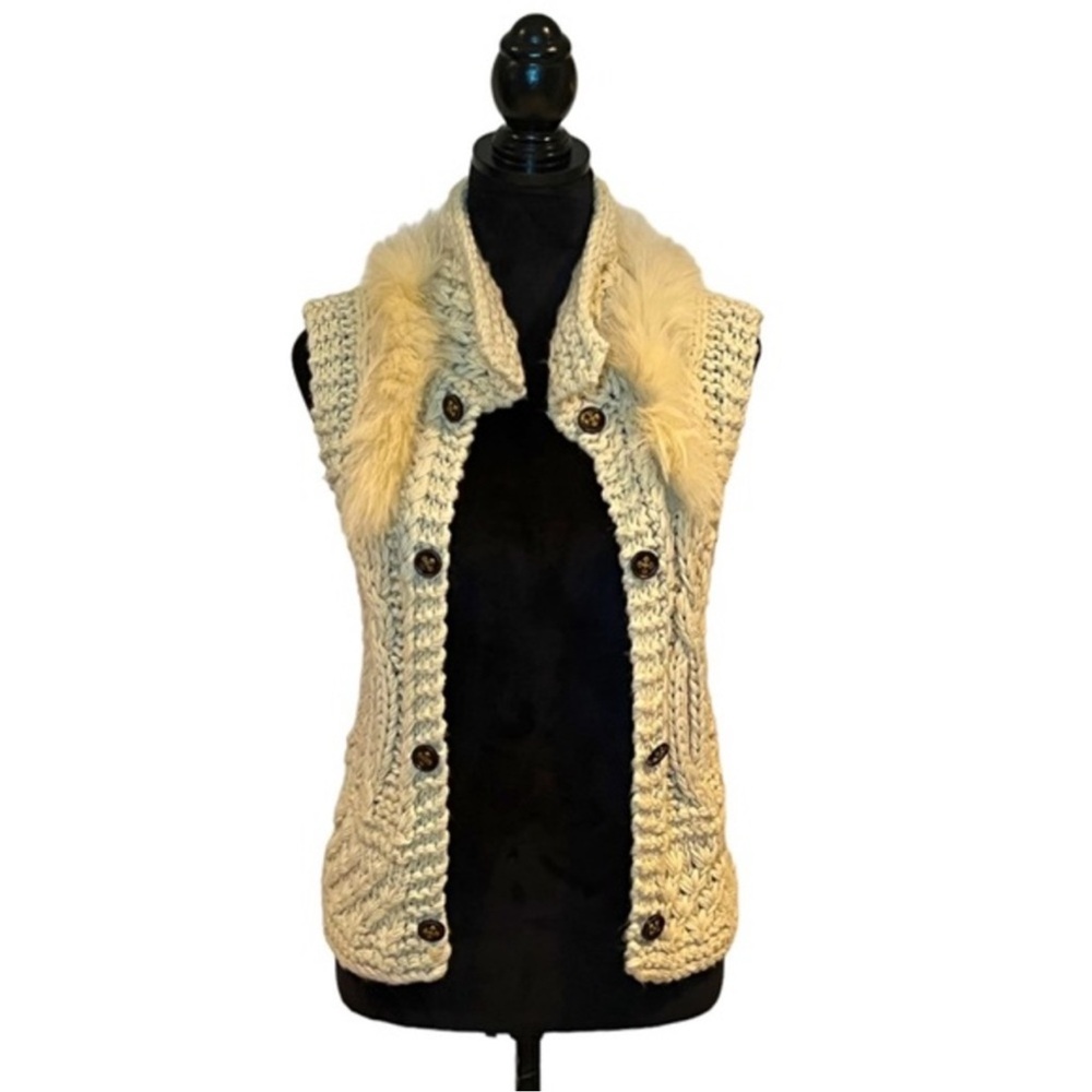 Papaya Chunky Knit Sweater Vest Cream Faux Fur Trim Rabbit Hair Medium - Picture 3 of 7